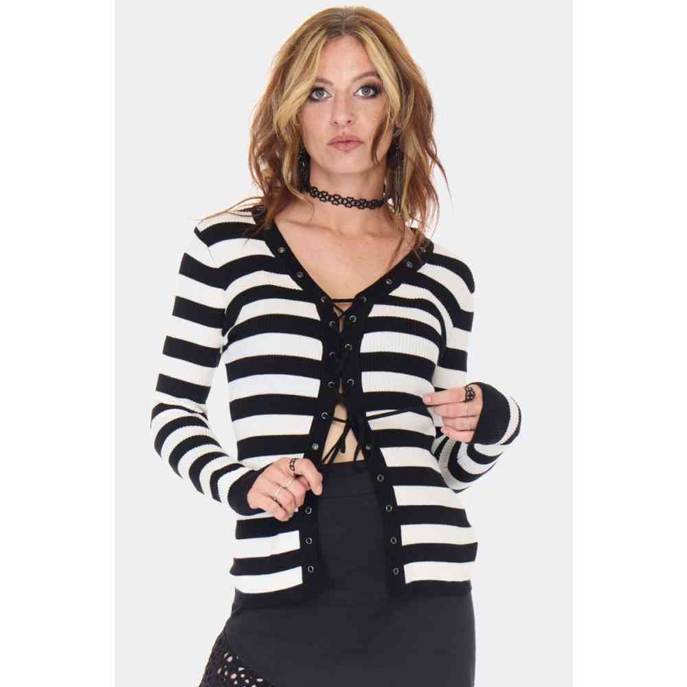 Jawbreaker - Striped White Lace Up Eyelet Cardigan - White/Black